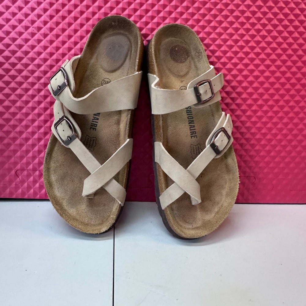 Cushionaire Lane Cork Footbed Sandals Stone Suede Strappy Slide Womens 7.5M